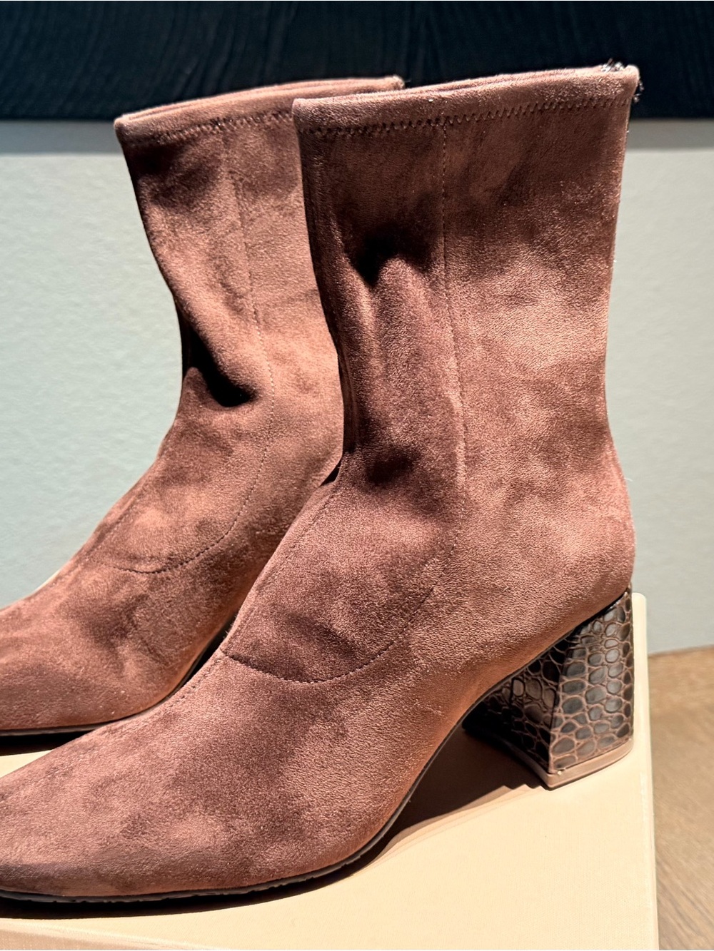 Donald J. Pliner Mauve-Brown Suede Ankle Boots with Textured Block Heel